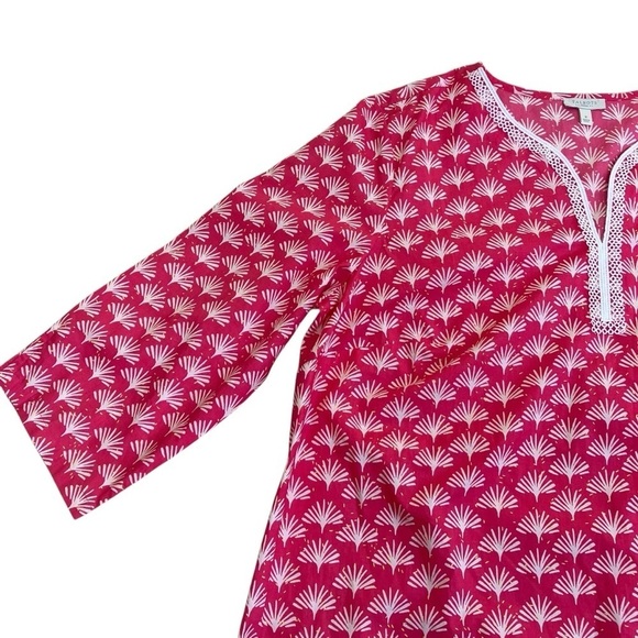 Talbots Pink White Fan Print Poplin Popover Blouse Lace Trim 3/4 Sleeves Sz X - Picture 8 of 16